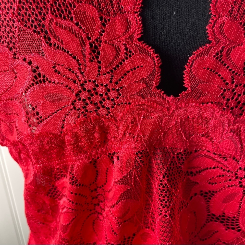 Fredericks of Hollywood Red Sheer Floral Lace Halter Chemise 2X Scalloped Edge - Picture 6 of 9